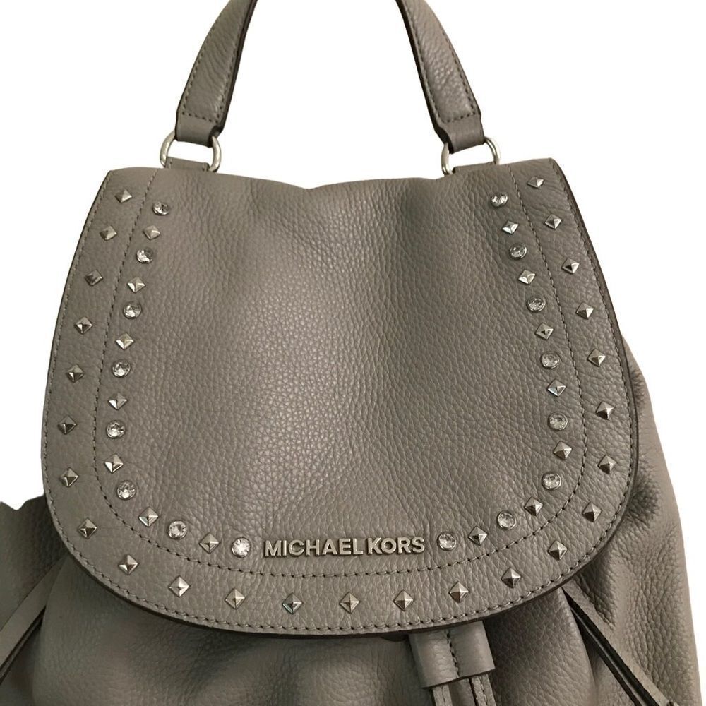 Michael Kors Riley rhinestone studded gray pebble drawstring leather backpack - Picture 3 of 14